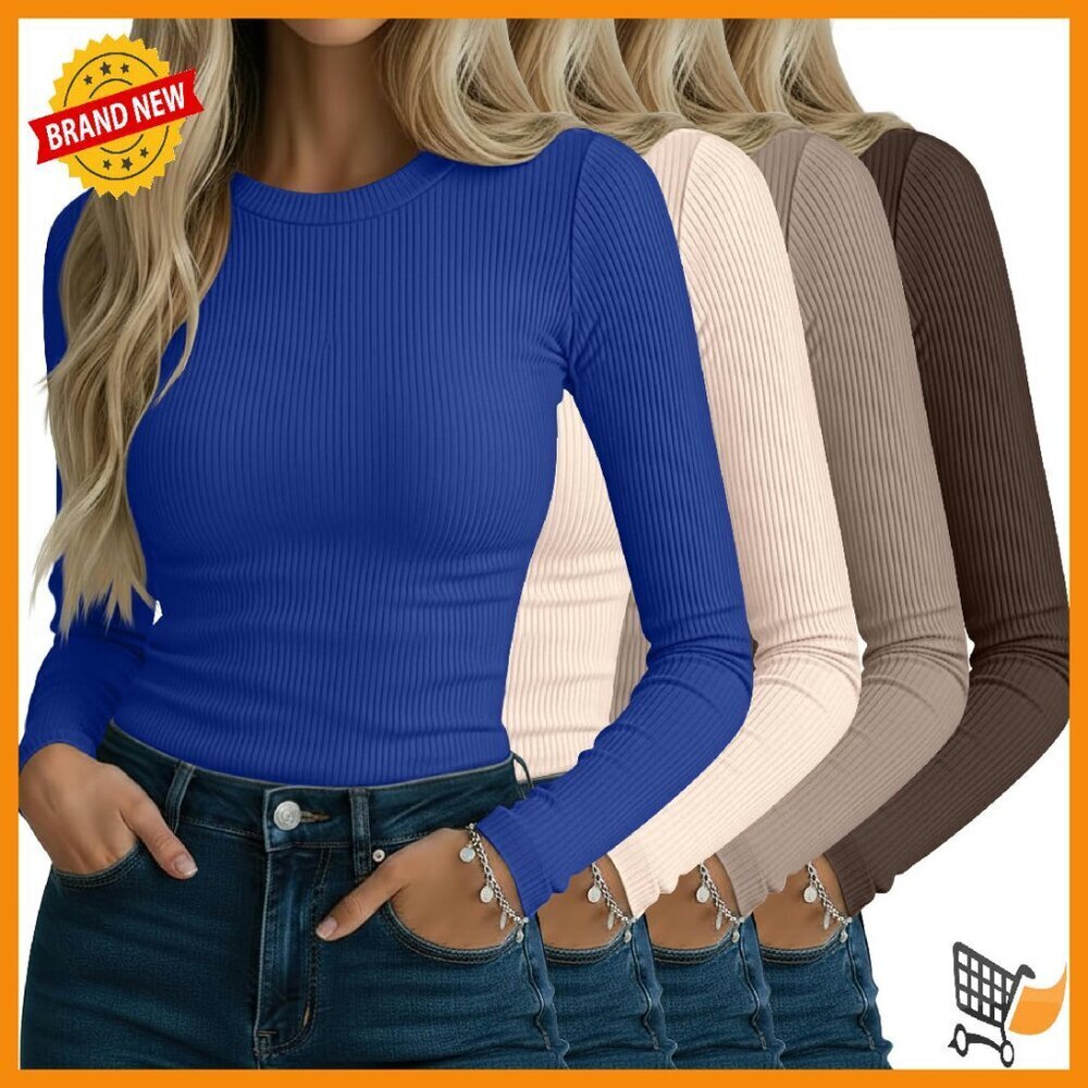 Women's Ribbed Long Sleeve Cotton Tees Slim Fit 4-Pack Stretch Knit